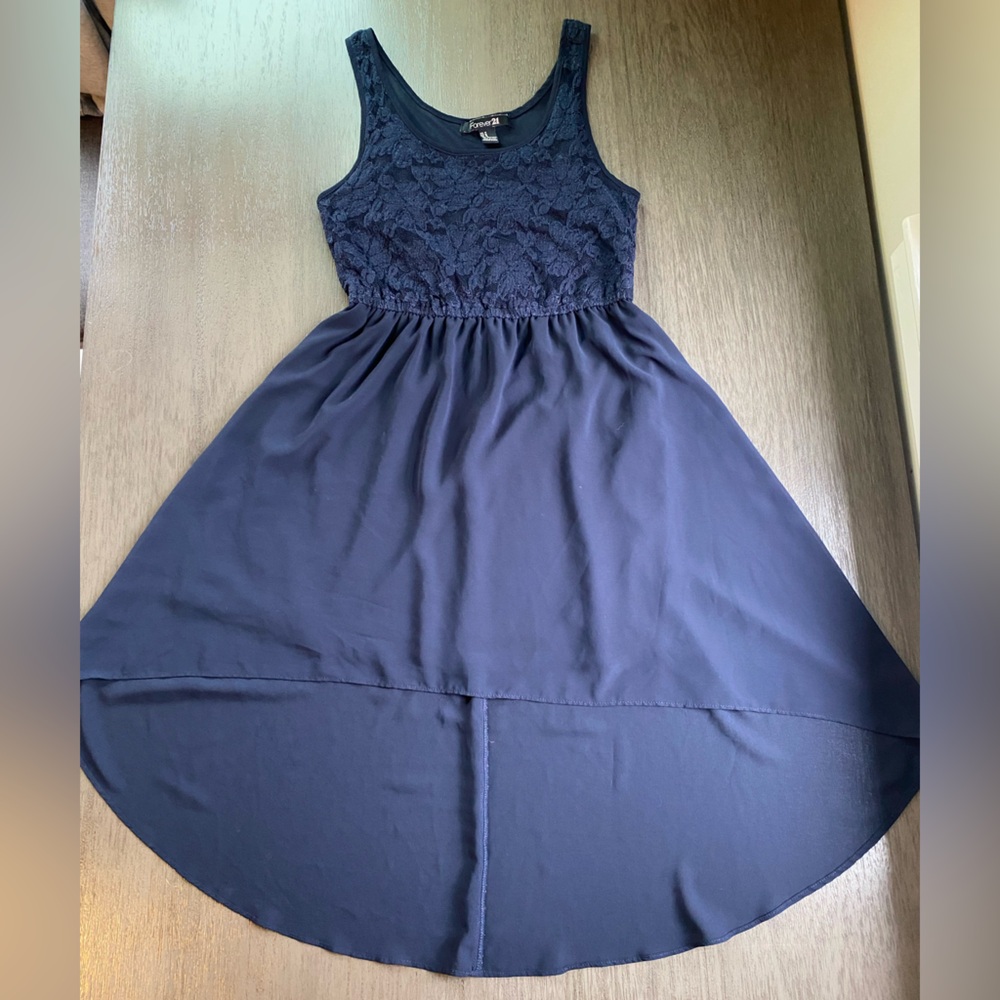 Navy blue high-low dress with lace top. Forever 21, size medium. Lined skirt
